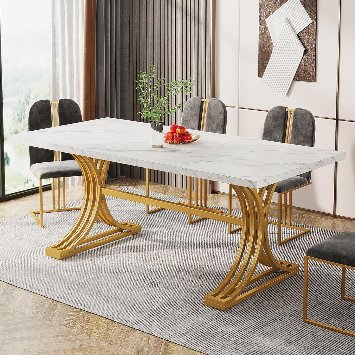 Tribesigns 160 cm rectangular dining table for 4 to 6 people, modern kitchen table with stylish metal trestle legs, large dining table for dining room, chair not included (white + gold)