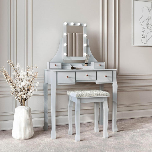Grey Dressing Table with Hollywood Lamps Mirror Drawers and Padded Stool Set - QUORE