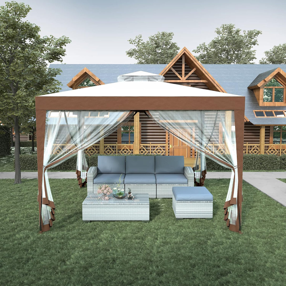Mondeer Tuinpaviljoen, 3 x 3 m, dubbel dak, paviljoen met 4 muggennetten, zijpanelen voor schaduw en regen, metalen frame, stabiel, beige en bruin