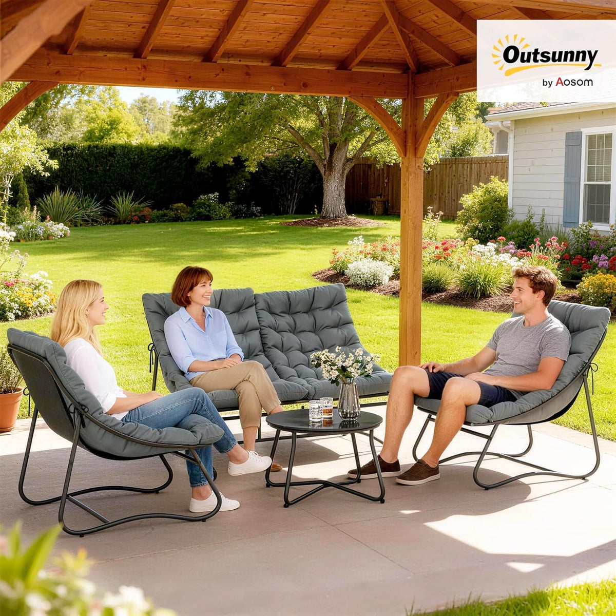 Outsunny Stahl Gartenmöbel Set 4 Persons wetterfest Balkonmöbel-Set mit 2er Sofa, Sessel Beistelltisch Sitzkissen Outdoor Sitzgruppe Terrassenmöbel Gartengarnitur für Garten Terrasse Balcony Grau