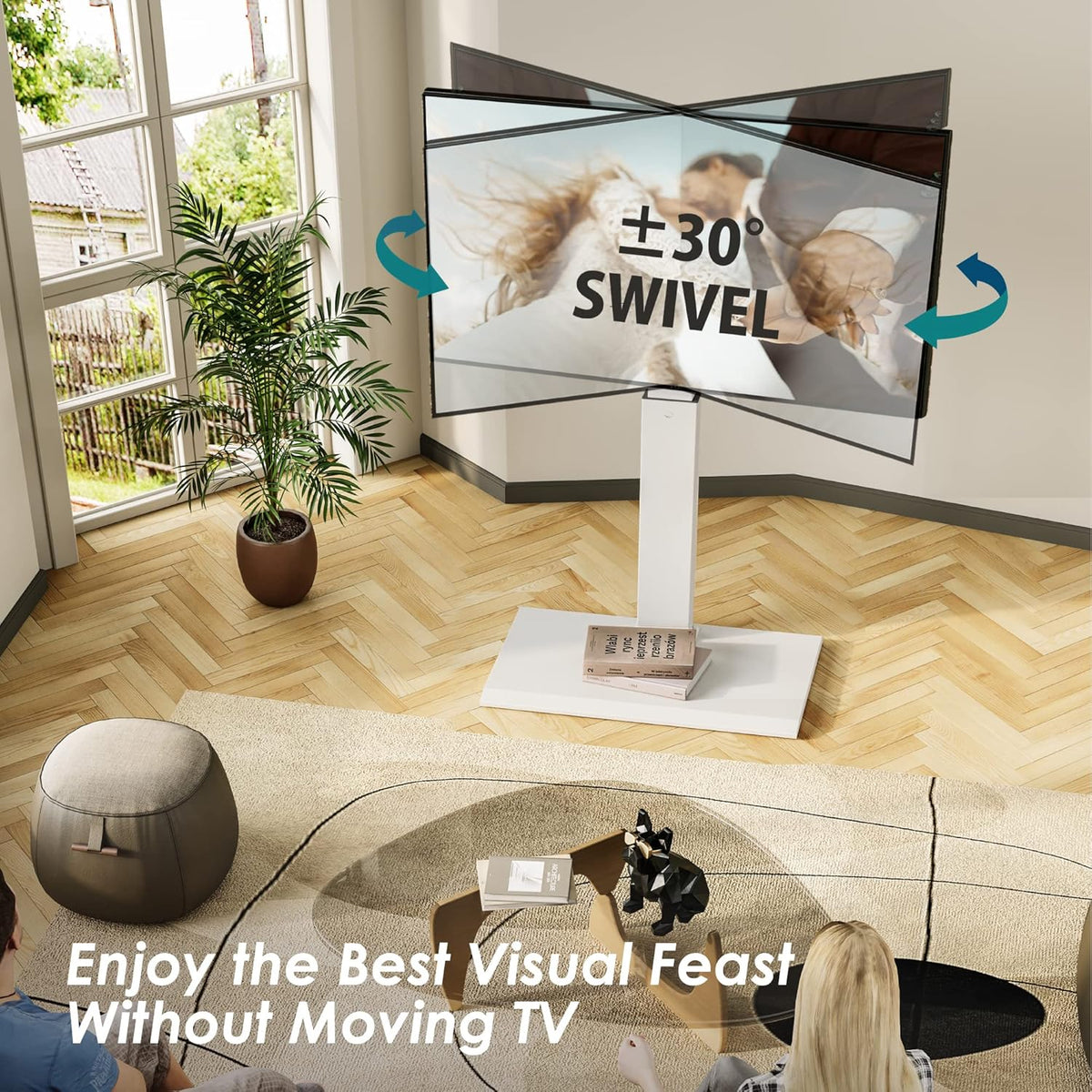 TV-Vloerstandaard Wit – Tv-Standaard, Tv-Stand, Vloerstandaard, Vloerbeugel – Voor 27 Tot 65 Inch – 60° Draaibaar, 8 Hoogtestanden