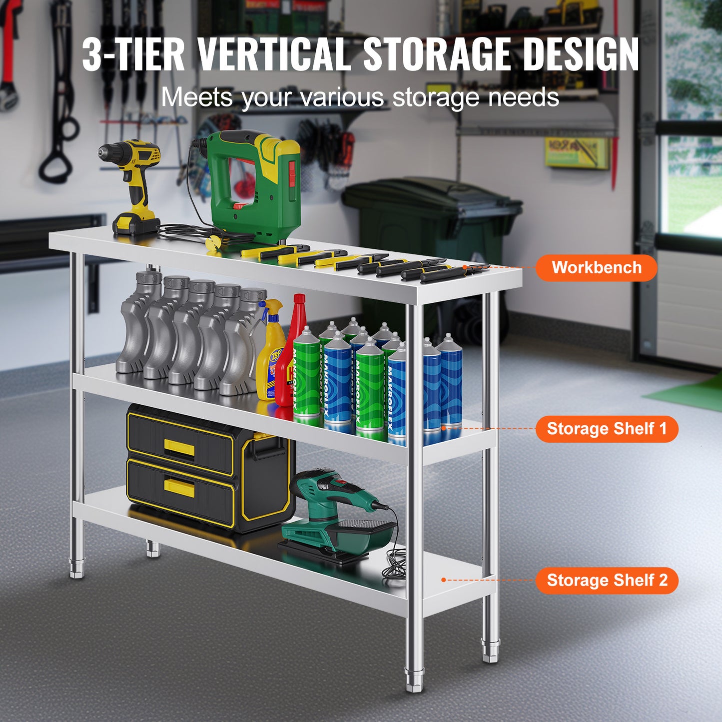 Roestvrijstalen Werktafel – RVS Werkbank – Keukentafel – Opbergtafel – Werkbank Garage – 14 x 48 Inch – 2 Verstelbare Planken