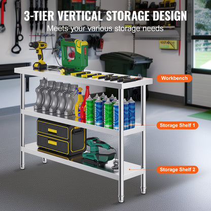Roestvrijstalen Werktafel – RVS Werkbank – Keukentafel – Opbergtafel – Werkbank Garage – 14 x 48 Inch – 2 Verstelbare Planken