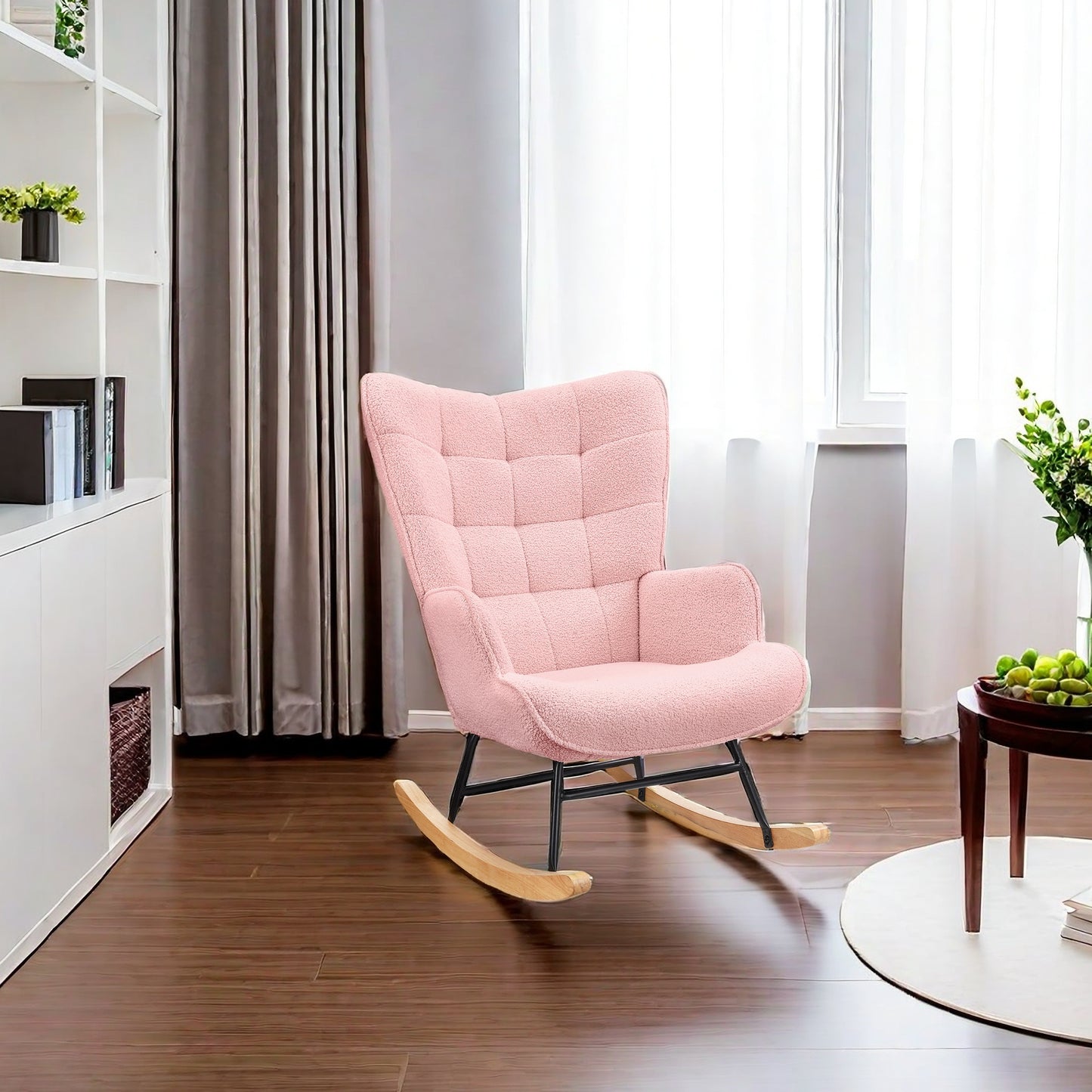 Schommelstoel – Schommelstoel Met Armleuning – Relaxstoel – Rocking Chair – Fauteuil Roze – Zachte Teddy Bekleding – Hoog Rugstuk Ergonomisch