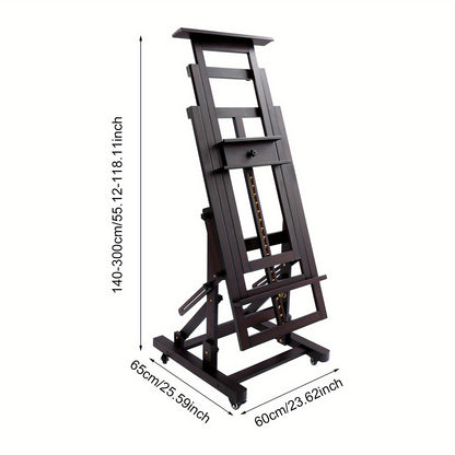 Verstelbare Kunstenaars Ezelschaal – Schildersezel – Atelier Ezelschaal – Houten Ezelschaal – Kunst Easel – Walnoot Kleur – Verstelbare Hoogte 140-300 cm – Stevige H-vormige Basis met Remwieltjes