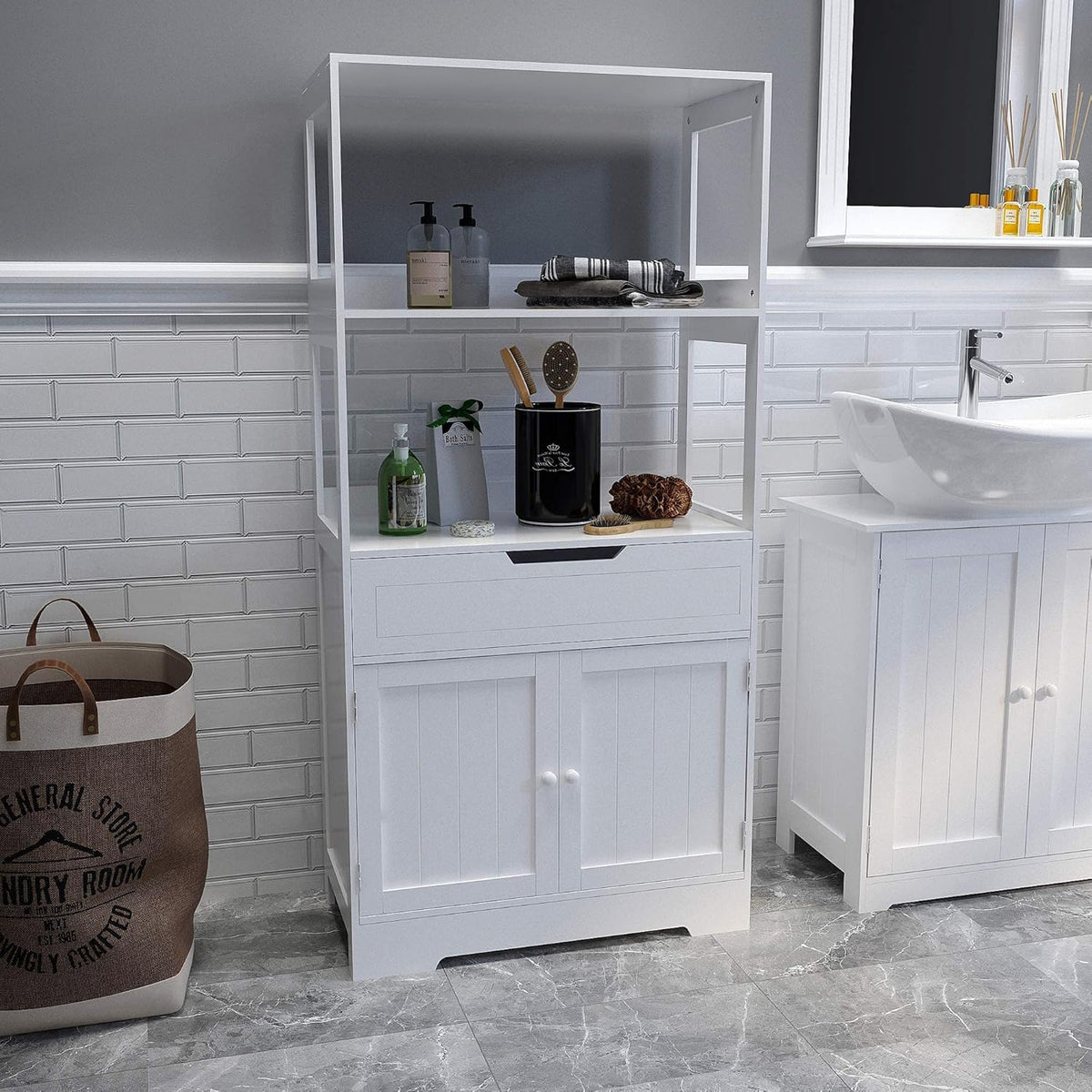 Meerveil Badkamer Opbergkast met Plank Ladedeuren voor Badkamer Keuken Woonkamer 60 x 30 x 121 cm (L x B x H), Wit - QUORE