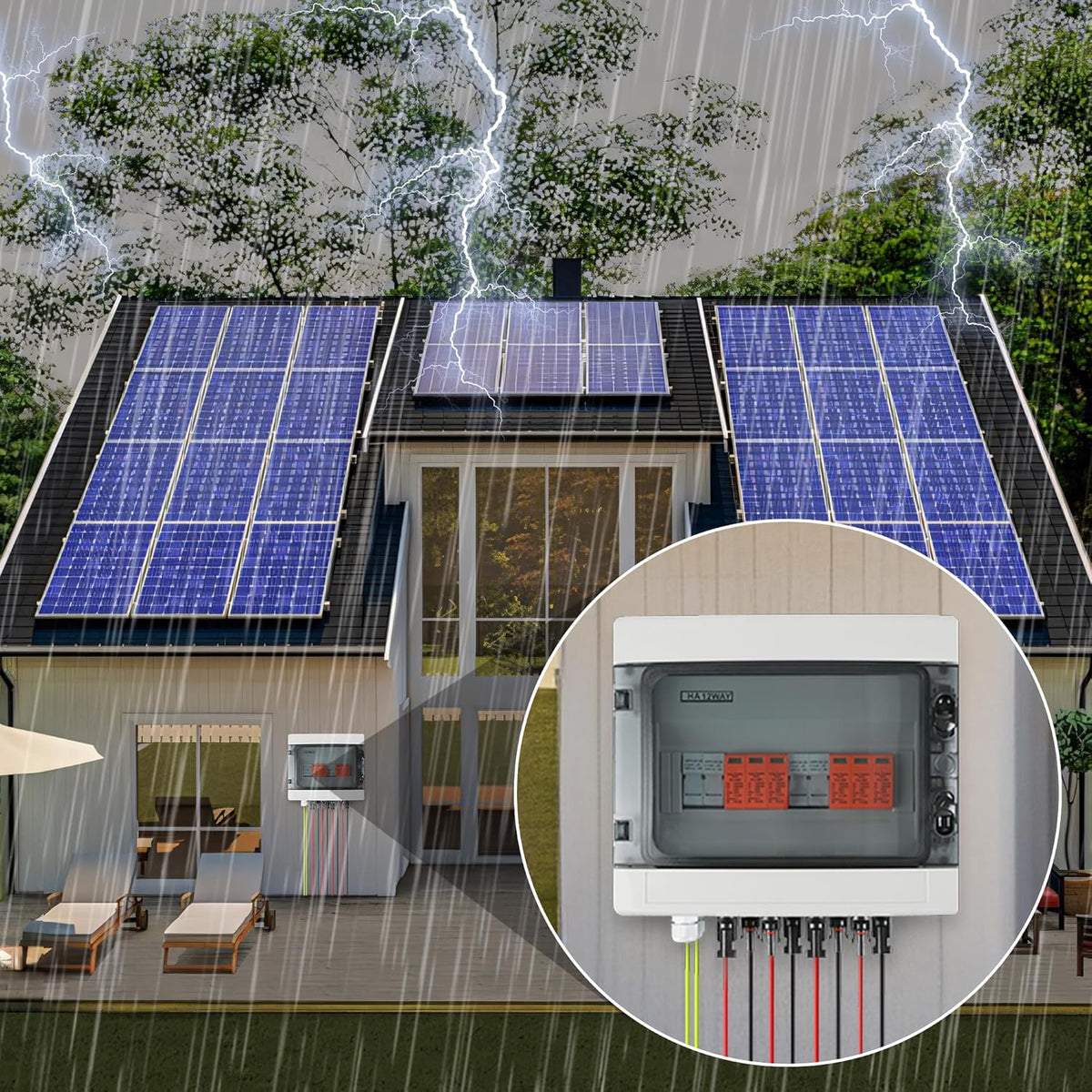 Overspanningsbeveiliging PV DC1000V bliksembeveiliging PV installatie 20-40 KA, zonne-overspanningsbeveiliging 2 snaren 12 modules met 16-zekering, IP65 waterdicht & UV-bestendig