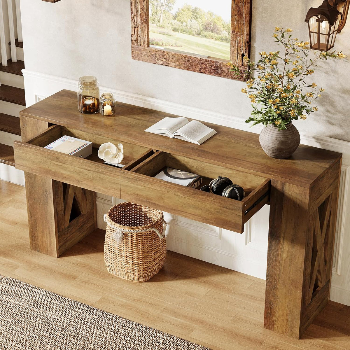 Tribesigns Console Table with Drawers, 160 cm, Extra Long Entrance Table, Wooden Hall Table Behind the Sofa, Narrow Side Table, Slim Coffee Table for Entrance, Hallway, Living Room, Dark Brown