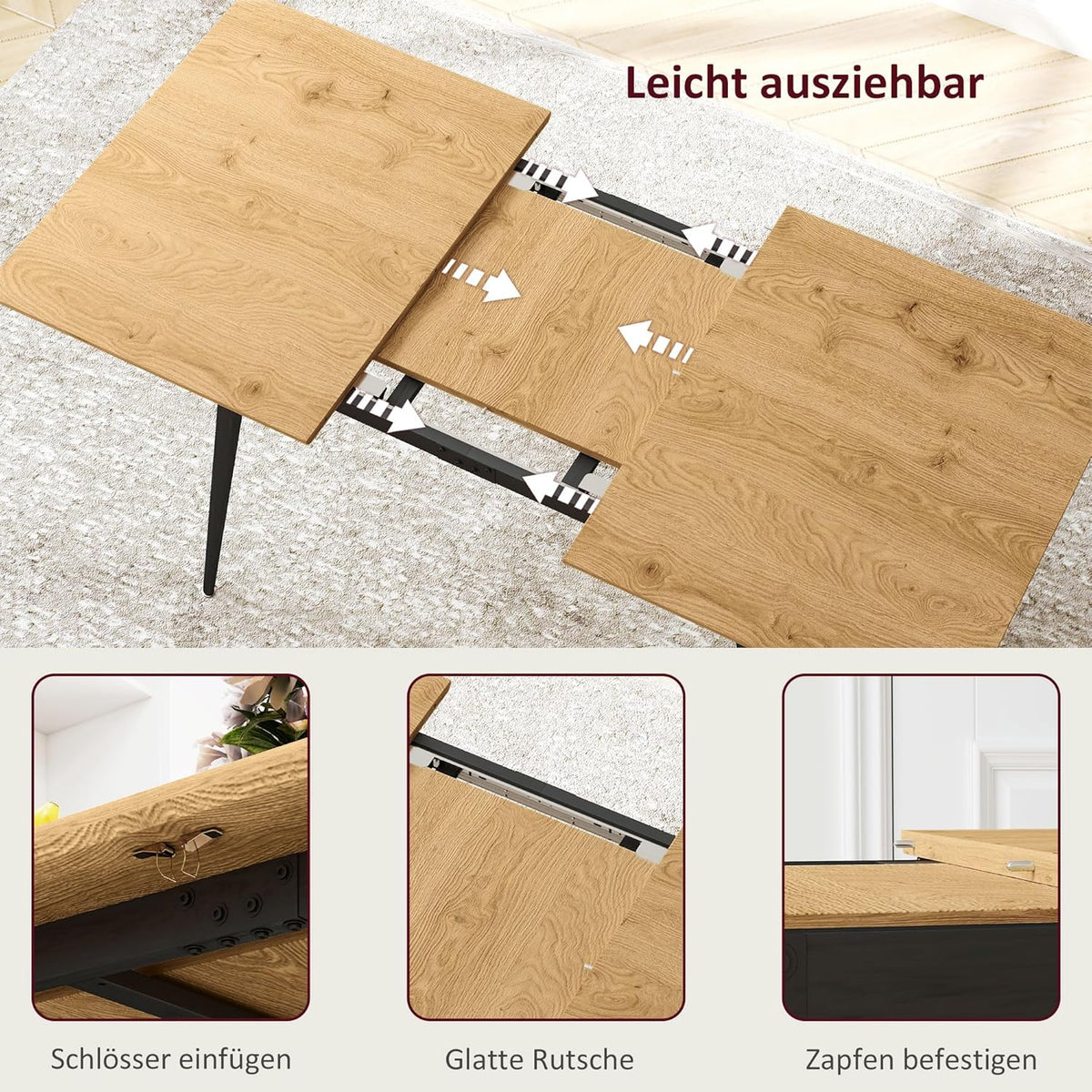HOMCOM Esstisch ausziehbar 120/160 x 75 cm Küchentisch für 6-8 Persen, moderner Esszimmertisch mit Stahlbeine, Natur - QUORE