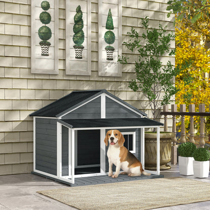 Buitenhondenkennel – Hondenhok – Buitenkennel – Hondenhuis – Hondenverblijf – Grijs – Weerbestendig Materiaal – Ruime Veranda 124x112x105 cm