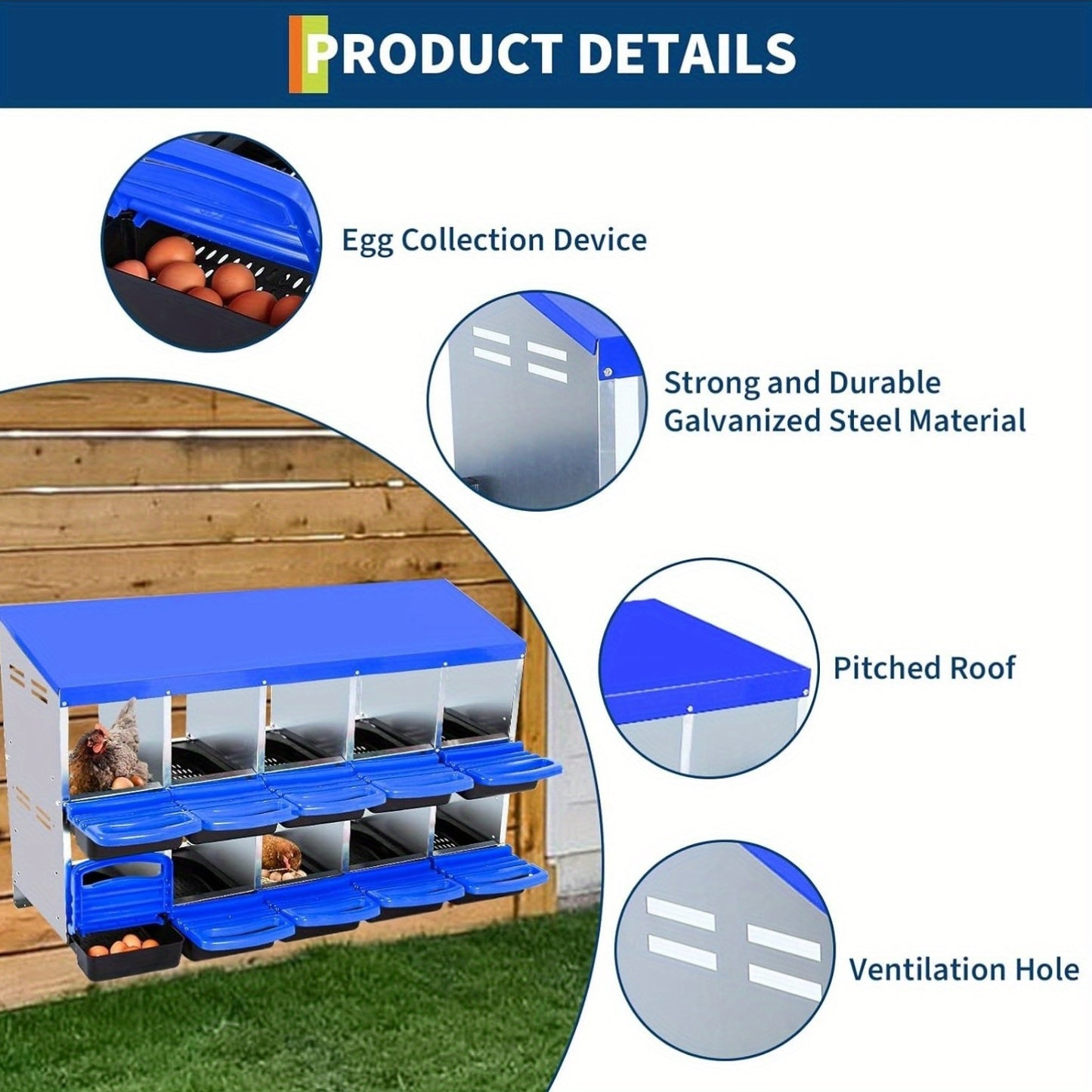 Kippenhok – Nestkast – Legnest – Pluimveehok – Kippenren – Gegalvaniseerd Staal – Waterbestendig Dak – Uitneembare Egg Tray