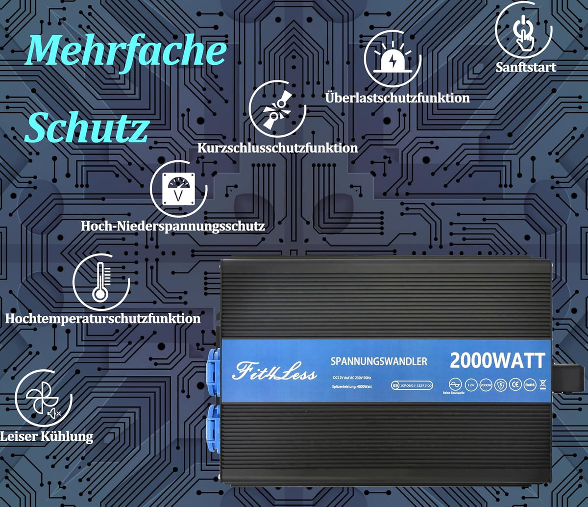 DC 12 V naar AC 230 V 50 Hz 2000 W Nominaal vermogen omvormer 4000W Surge Pure sine-golf met dubbele stopcontacten, USB en LCD-display.