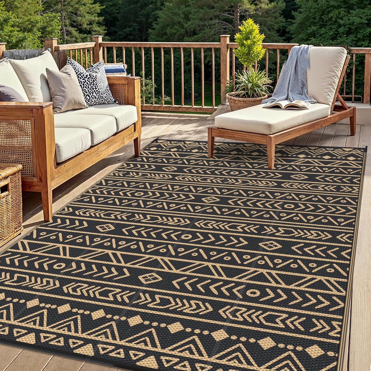 GENIMO Outdoor tapijt, 244 x 305 cm, waterdicht, omkeerbaar, Boheems design, zwart en bruin, voor tuin, groot terras, evenementen, extra groot