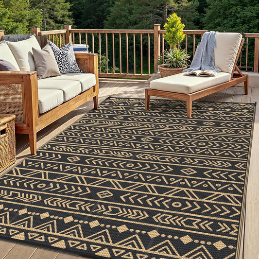 GENIMO Outdoor tapijt, 244 x 305 cm, waterdicht, omkeerbaar, Boheems design, zwart en bruin, voor tuin, groot terras, evenementen, extra groot