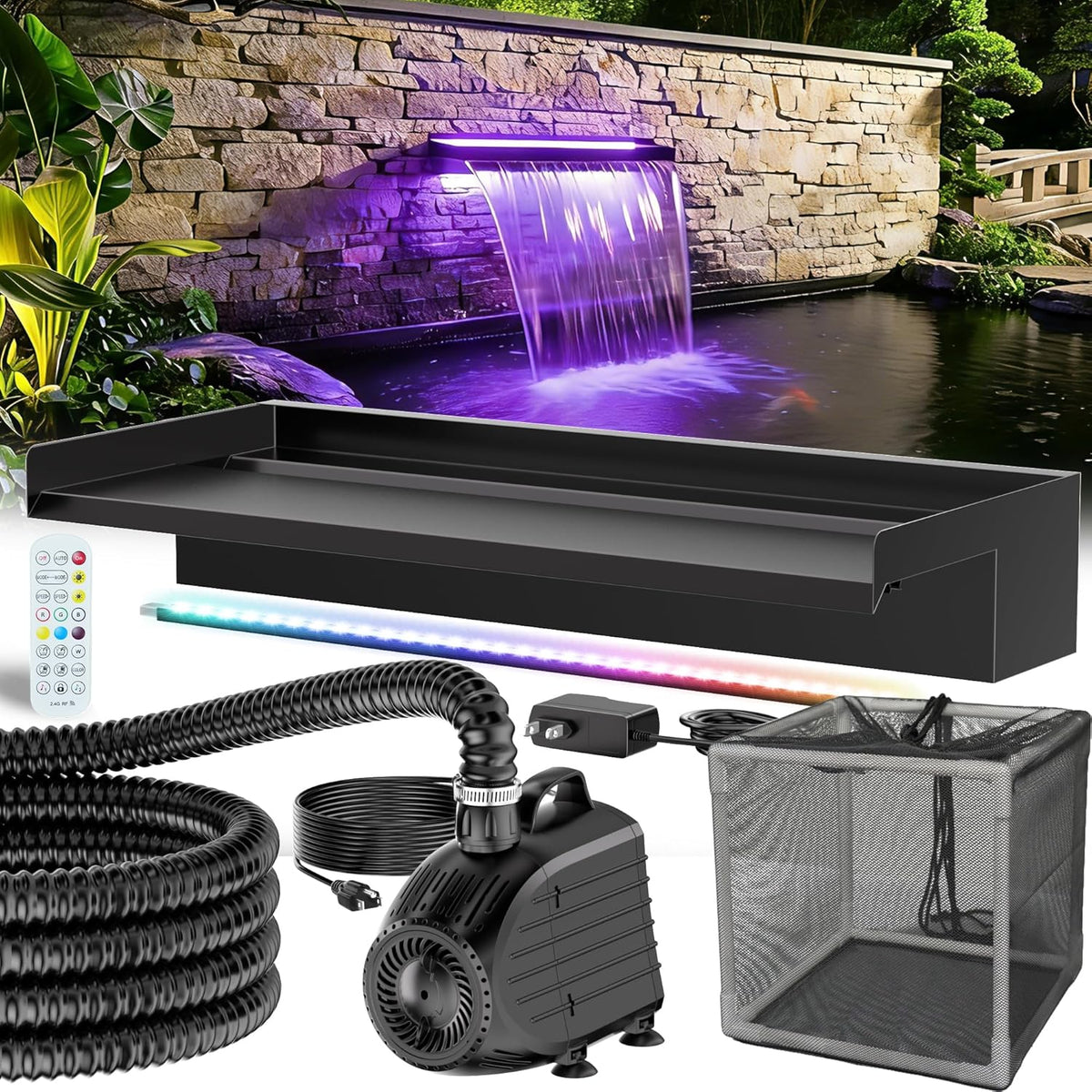 POPOSOAP Vijverwaterval met pompset, waterval-overloop van roestvrij staal 304 met 40 W pomp (660 GPH), vijveroverloop met 9,8 voet lange golfbuis voor de tuin (60 cm)