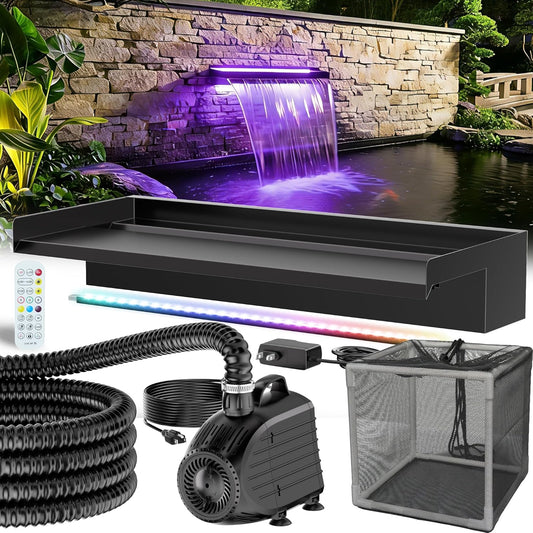 POPOSOAP Vijverwaterval met pompset, waterval-overloop van roestvrij staal 304 met 40 W pomp (660 GPH), vijveroverloop met 9,8 voet lange golfbuis voor de tuin (60 cm)