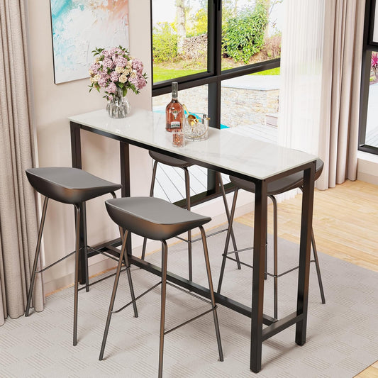 Bar Table Rectangle Sintered Stone: 120cm Long White Marble Bar Tables Bar Height 105cm Cocktail Table Bar Furniture for Home Kitchen Breakfast Dining Area, Pub, Coffee Shop, Office, Apartment - QUORE