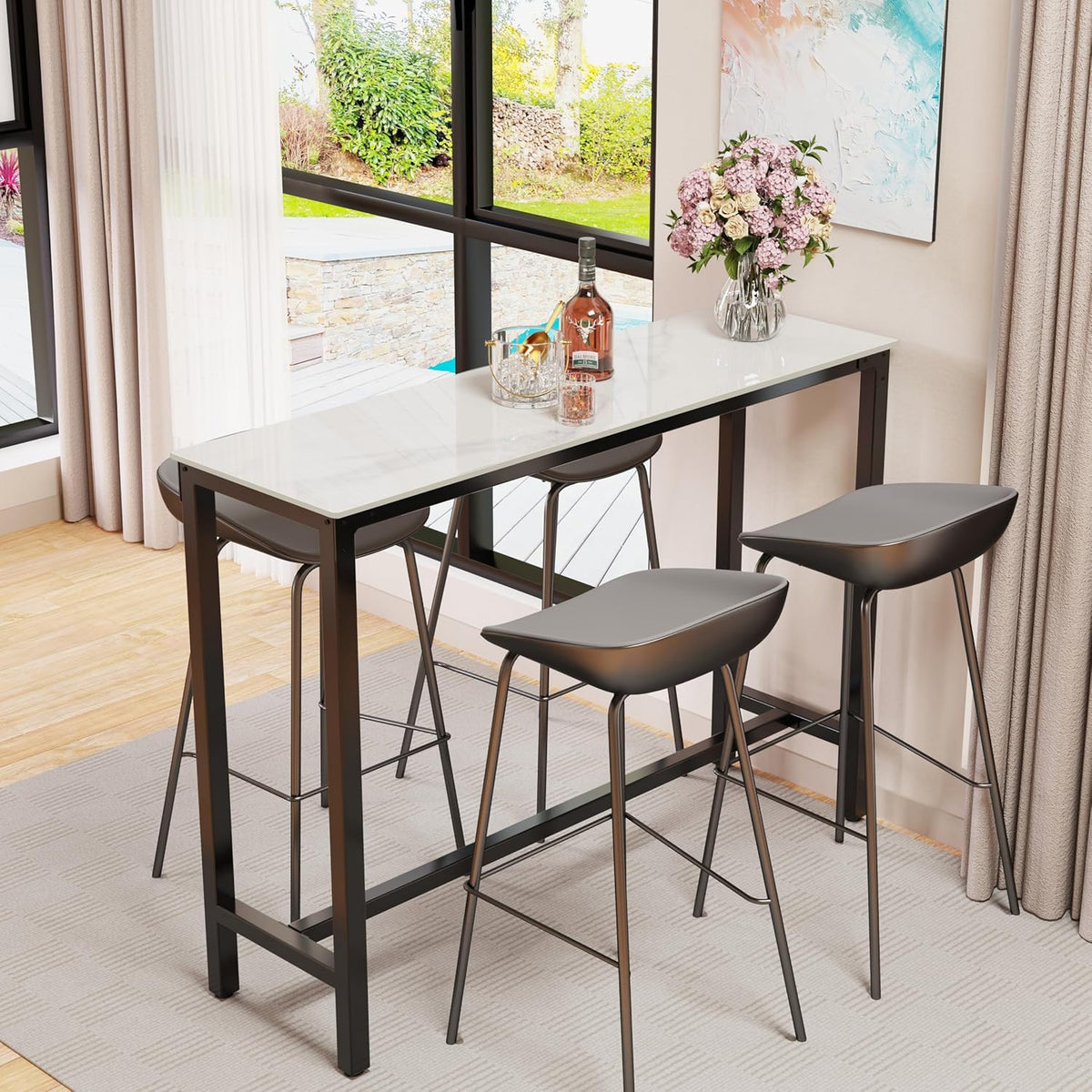 Bartafel Rechthoek Gesinterde Steen: 120cm Lange Witte Marmeren Bartafels Barhoogte 105cm Cocktailtafel Barmeubels voor Thuis Keuken Ontbijt Eethoek, Pub, Coffeeshop, Kantoor, Appartement