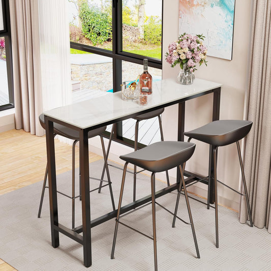 Bartafel Rechthoek Gesinterde Steen: 120cm Lange Witte Marmeren Bartafels Barhoogte 105cm Cocktailtafel Barmeubels voor Thuis Keuken Ontbijt Eethoek, Pub, Coffeeshop, Kantoor, Appartement