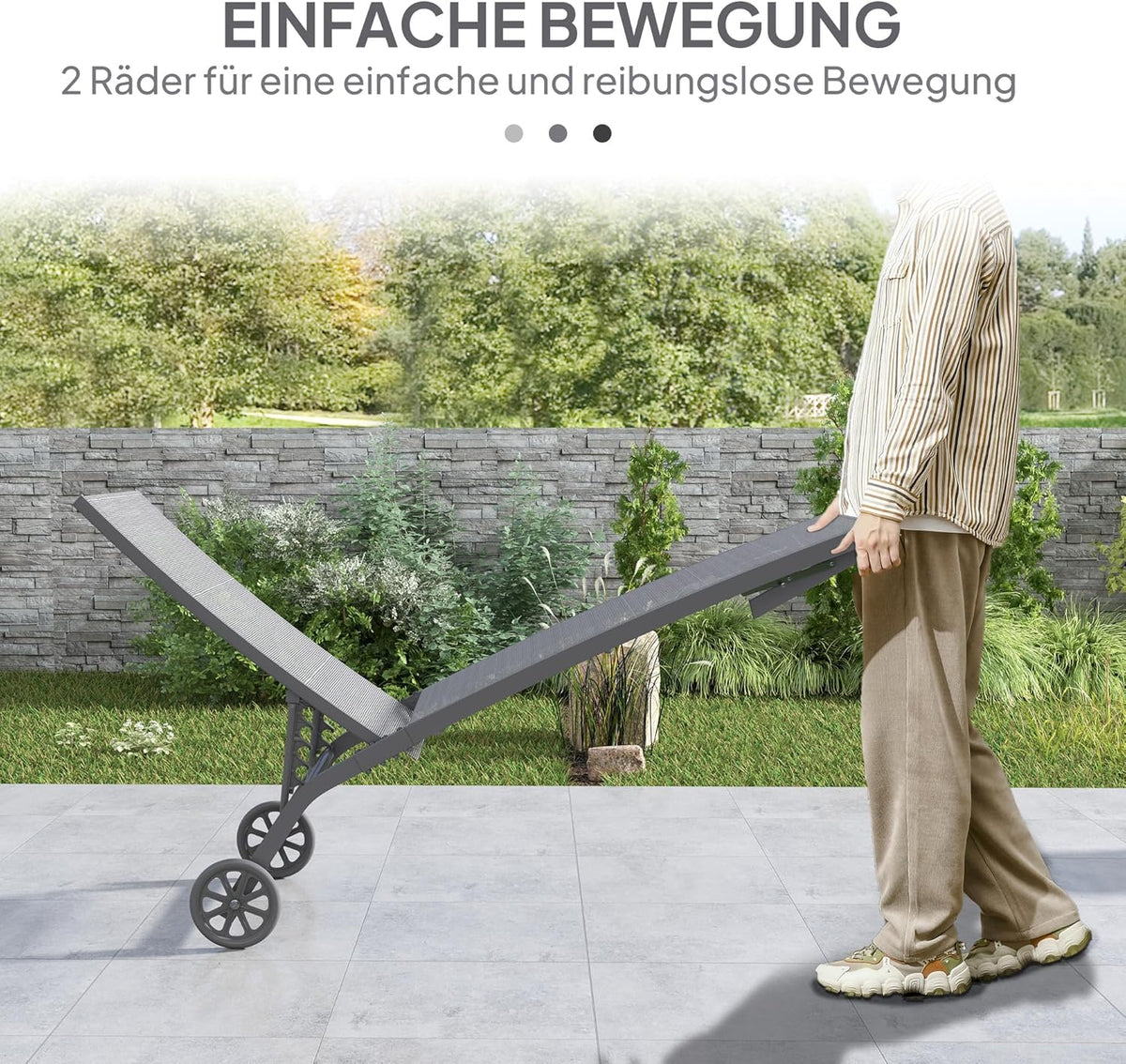 Outsunny Sonnenliege mit Rolle, Gartenliege Alu Liegestuhl mit 5-Fach verstellbare Rückenlehne, wetterfeste Campingliege, Gartenstuhl bis 150 kg load bar, für Garten Urlaub Strand Pool, Dunkelgrau - QUORE