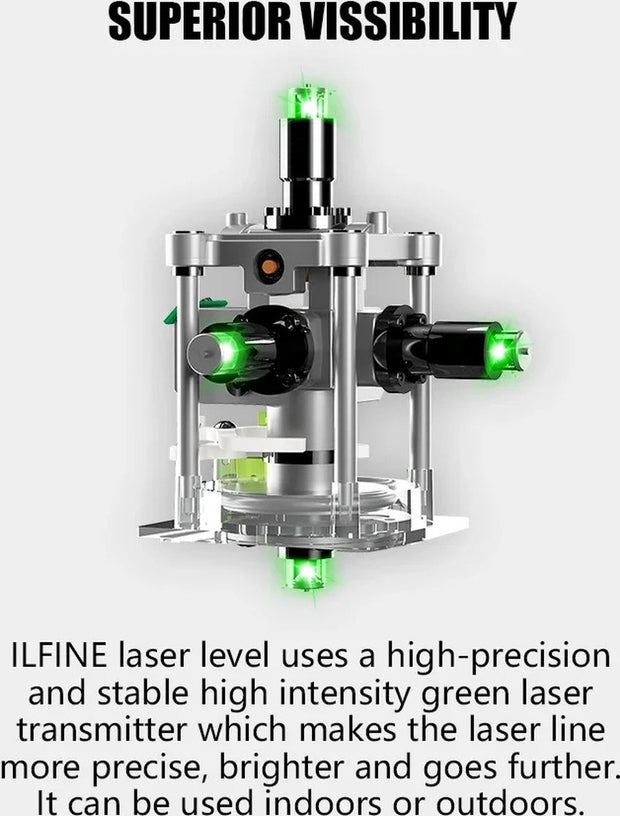 Kruislijnlaser - Lijnlaser - Waterpaslaser - Bouwlaser - Interieurlaser - Bouwvaklaser - Tegellaser - 16 stralen - 360 graden - 4D - 3D - 30 Meter - Koffer - Afstandsbediening - Accu Oplader - Opzet - Beugel/Steun - Clip - Handleiding - 2x Accu