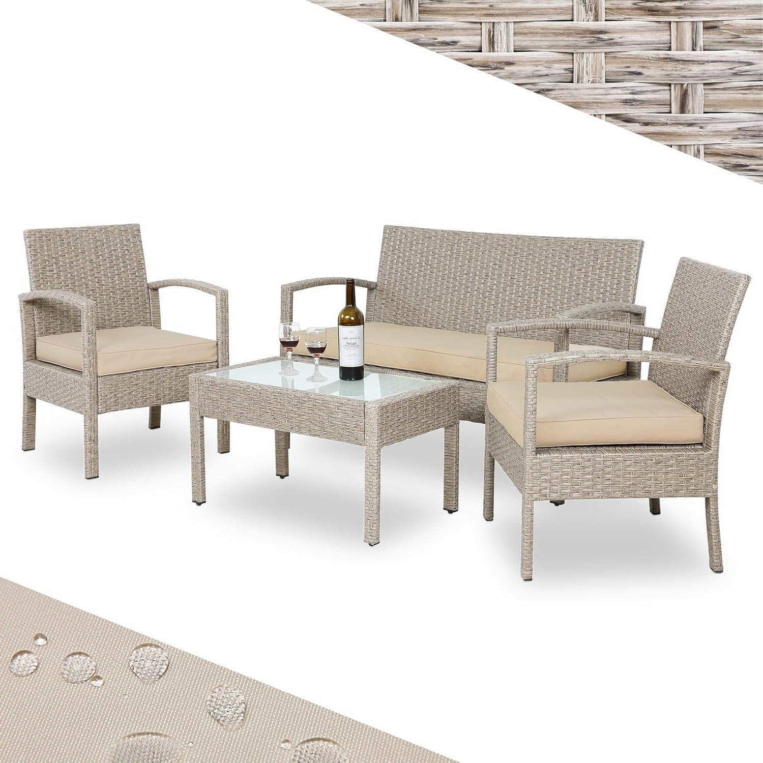 CASARIA® Garden furniture set weatherproof 4 people outdoor incl. cushions polyrattan 2 armchairs garden bench table garden terrace balcony furniture lounge cream - QUORE