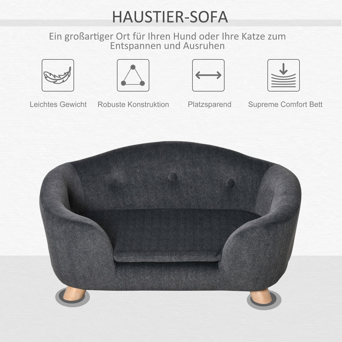 Huisdierbank – Hondenbank – Kattenbank – Dierenbed – Huisdiersofa – Antraciet Grijs – Zacht Pluche Kussen – Stevig Dennenhouten Frame 70 x 47 x 30 cm