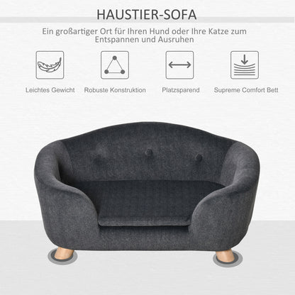 Huisdierbank – Hondenbank – Kattenbank – Dierenbed – Huisdiersofa – Antraciet Grijs – Zacht Pluche Kussen – Stevig Dennenhouten Frame 70 x 47 x 30 cm
