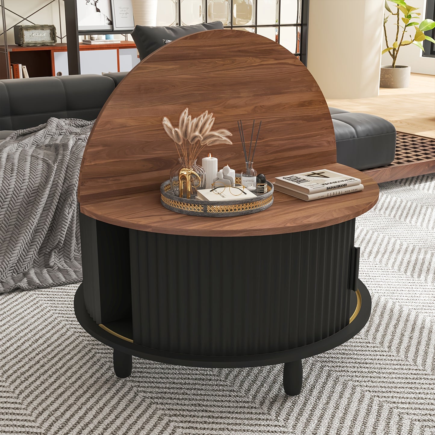 Salontafel – Koffietafel – Bijzettafel – Woonkamertafel – Tafel – Modern Rond – Verborgen Opbergruimte – Stevig Massief Hout