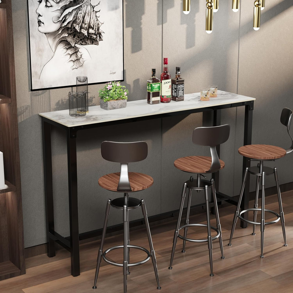 FATIVO Bar Table, Emerald, White, Bistro Table, Marble Bar Table, Kitchen Table, Rectangular, Narrow with Black Metal Frame, for Kitchen, Living Room, Dining Room, 120 x 40 x 105 cm - QUORE