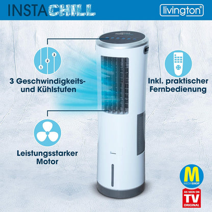 Livington InstaChill - Aircooler met waterkoeling - 3 niveaus - krachtige maxi-tower-luchtkoeler met 8,5L tankvolume voor 12 uur koelen