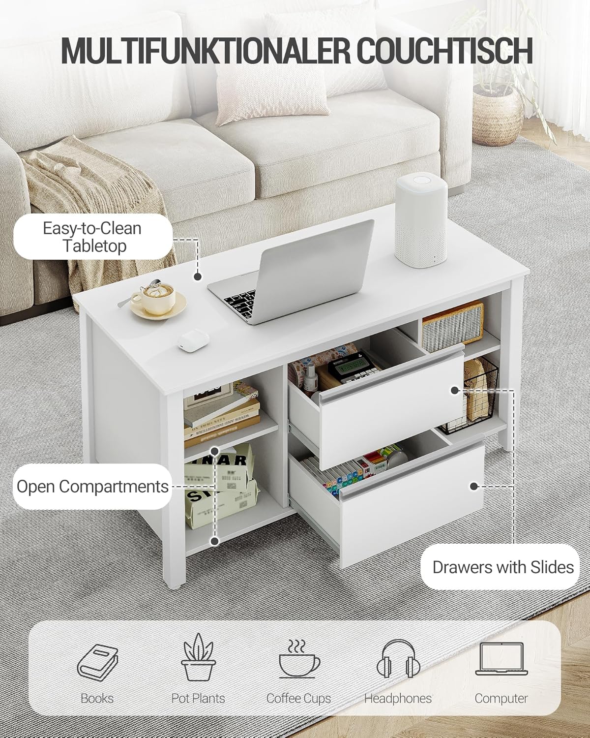 Hzuaneri coffee table, coffee table with 2 drawers and 4 open compartments, coffee tables with sofa, steel table legs, for living room, 50 x 100 x 50 cm white-silver CT22003W