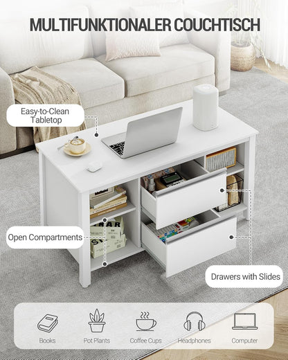 Hzuaneri coffee table, coffee table with 2 drawers and 4 open compartments, coffee tables with sofa, steel table legs, for living room, 50 x 100 x 50 cm white-silver CT22003W