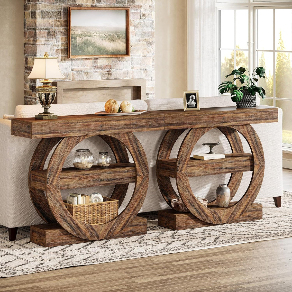 Tribesigns 100cm Entrance Table with Storage, 3 Tier Farm Console Table with Shelves, Wooden Foyer Tables for Entrance, Living Room, Hallway, Behind Sofa (Rustic Brown)