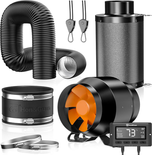 Hon&Guan Afvoerluchtset 100 mm, buisventilator 100 mm met temperatuur- en vochtigheidsregelaar, actieve koolfilter, groei, rubberen koppeling, slangklemmen, set voor kweektent, hydrocultuur