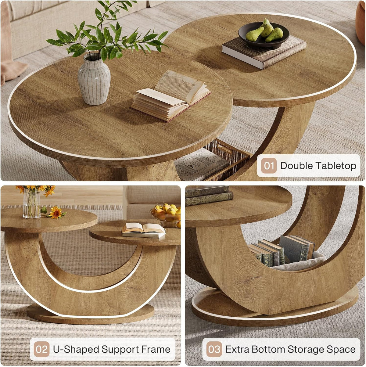 Tribesigns Round Side Table, 118cm, Modern Living Room Coffee Table with Funky U-Shaped Frame, Low Accent Tea Table for Home, Home, Oak