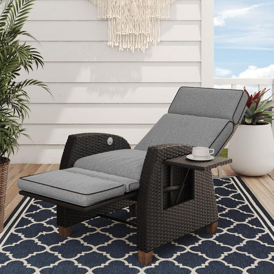 Grand patio Relaxstoel, ligstoel met zitkussen, aluminium frame, tuinstoel, verstelbare rugleuning, rotan zonneligstoel voor binnen, buiten (grijs zitkussen en bruin rotan)
