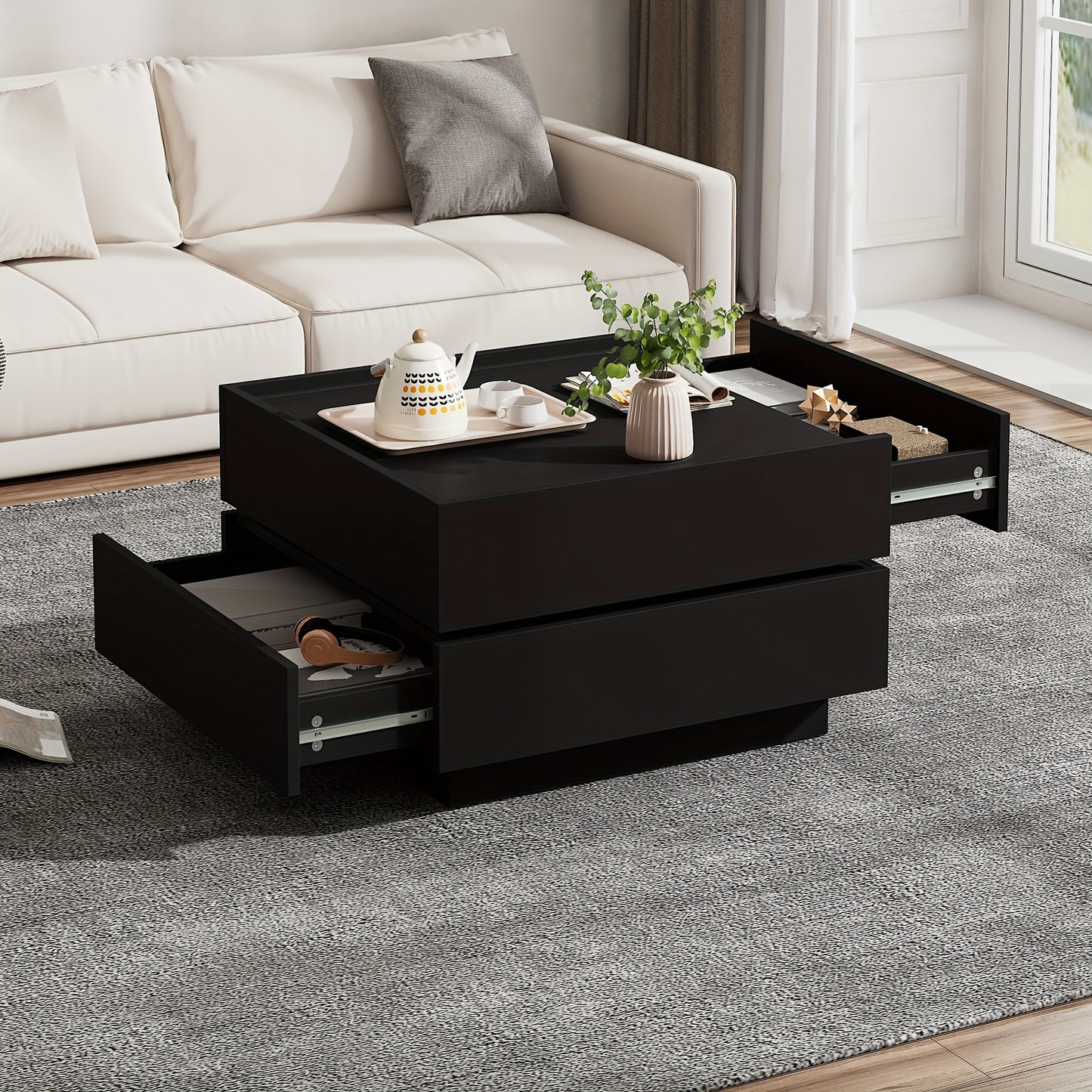 Functional Coffee Table For The Living Room, 360° Swivelling, Swivelling Table Top With 2 Shelves And Storage Space, Black Living Room Side Table Frame, 60*60*38 Cm