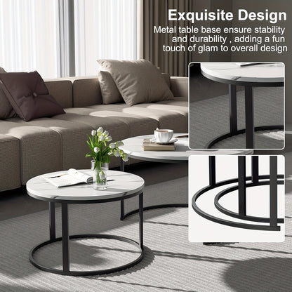Salontafel – Bijzettafel – Koffietafel – Woonkamertafel – Set van 2 Ronde Tafels – Kunstmarmer Tafelblad – Diameter 80 & 60 cm – Modern Design – Zwart