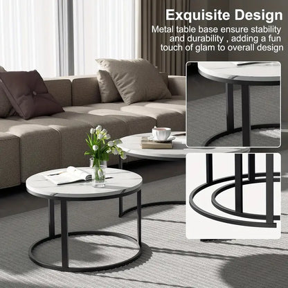 Ronde Bijzettafels – Salontafel – Side Table – Tafel Set – Woonkamertafel – Gouden Accenten – Kunststeen Marmerlook – Ø 80 + 60 cm – Modern Design