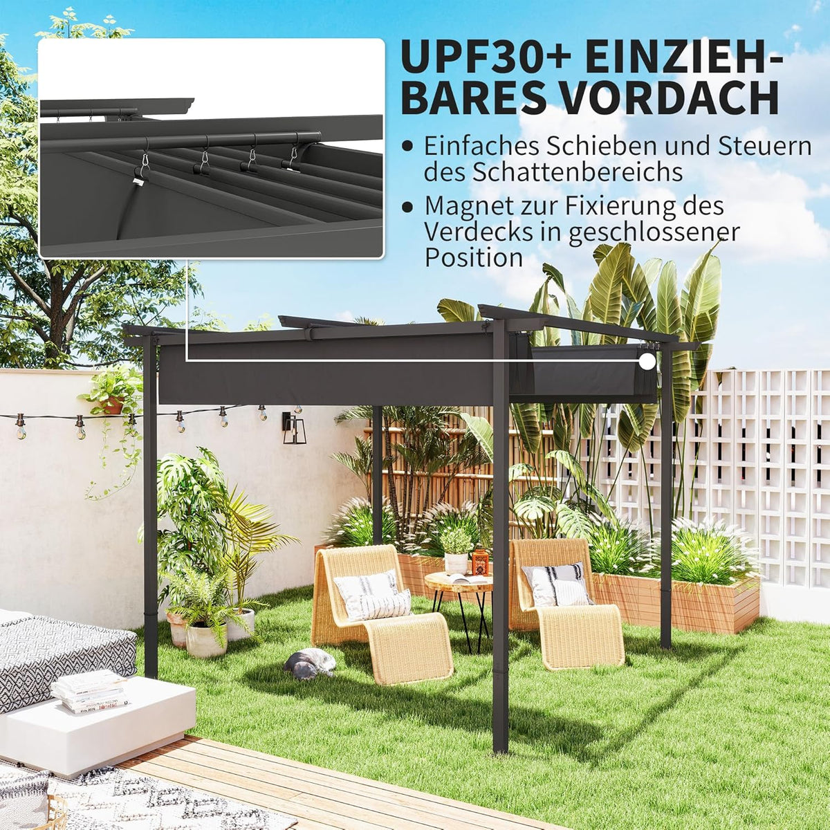 Outsunny Pergola 3x3m Garten Pavillon Terrassendachung aus Metall, Gartenpavillon mit Verstellbares Dach, UV Schutz 30+ Freistehender Sonnenschutz für Terrasse und Garten, Dunkelgrau - QUORE
