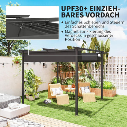 Outsunny Pergola 3x3m Garten Pavillon Terrassendachung aus Metall, Gartenpavillon mit Verstellbares Dach, UV Schutz 30+ Freistehender Sonnenschutz für Terrasse und Garten, Dunkelgrau - QUORE