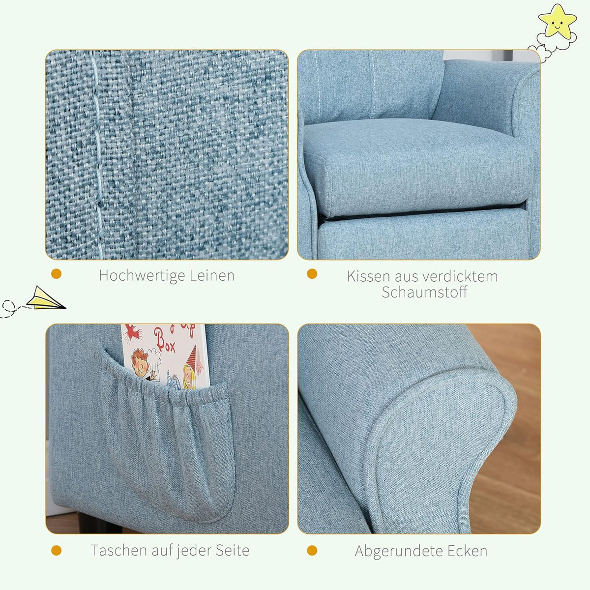 HOMCOM Children's Bench Children's Bench Children's Recliner Chair Recliner Adjustable with Footrest for 3-8 Years Boys and Girls Blue 58 x 53 x 70 cm - QUORE