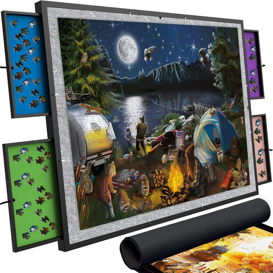 QUOKKA Legpuzzelbord, zwart, draaiend puzzeltafel met hoes voor volwassenen, 4 gemagnetiseerde opbergladen, premium vilt, hoek en positie aanpassen, past op decoupeerzaag tot 1500 stukjes