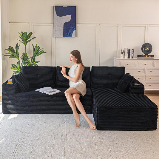 MAXYOYO Modulaire Bank en Chaise Longue, Cloud Boneless Bank, 3-4-zits Hoekbank Links/Rechts Verstelbaar, Corduroy Bekleding, Extra Grote L-vormige Slaapbank Voor de Woonkamer, Geen Montage Nodig
