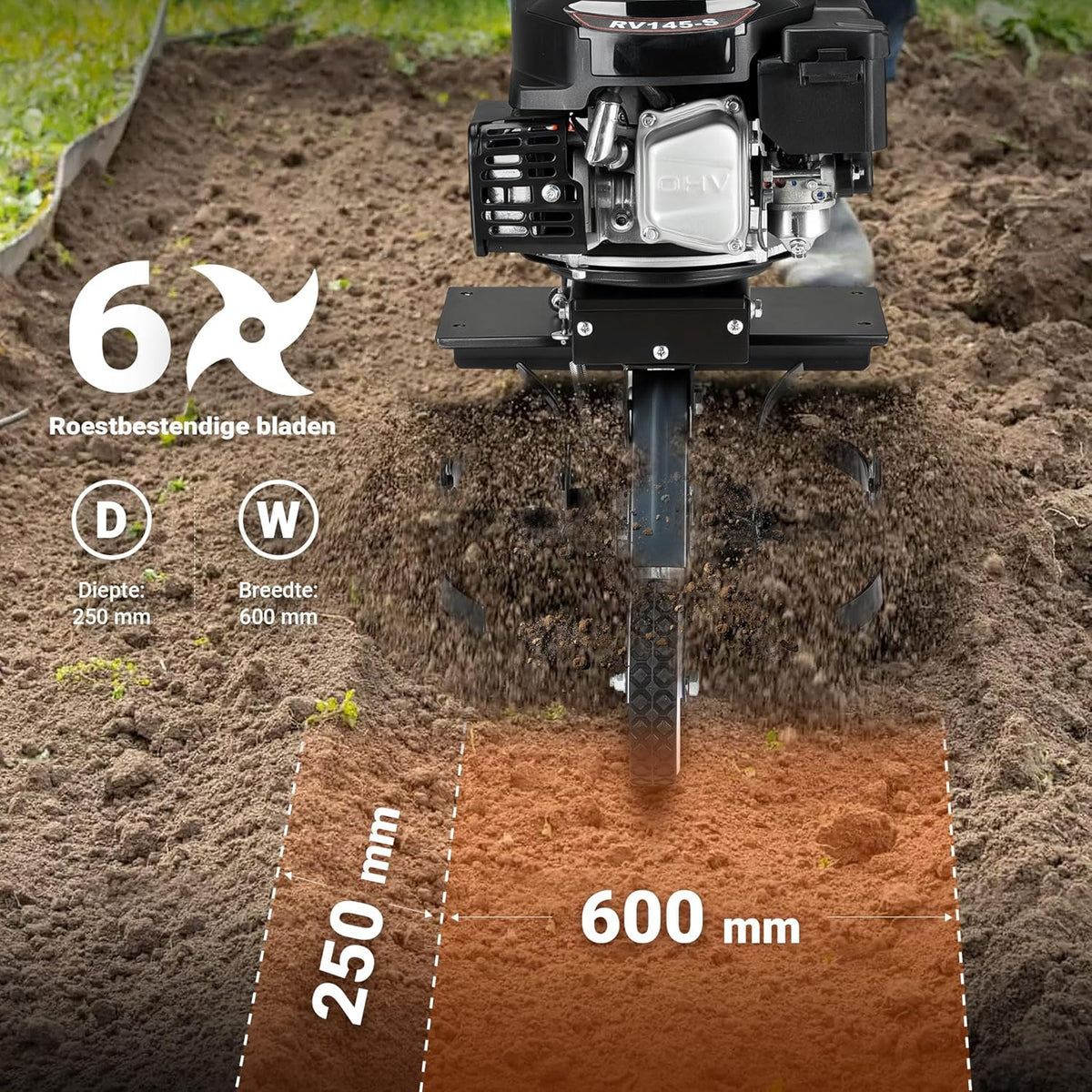 Wiltec tuinfrees benzine werkbreedte van 60 cm, grondfreesmachine motor 144 ccm en 6 messen, cultivator met brandstofaandrijving Euro 5, robuuste grondfrees voor tuinwerk