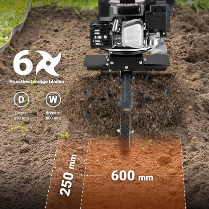 Wiltec tuinfrees benzine werkbreedte van 60 cm, grondfreesmachine motor 144 ccm en 6 messen, cultivator met brandstofaandrijving Euro 5, robuuste grondfrees voor tuinwerk