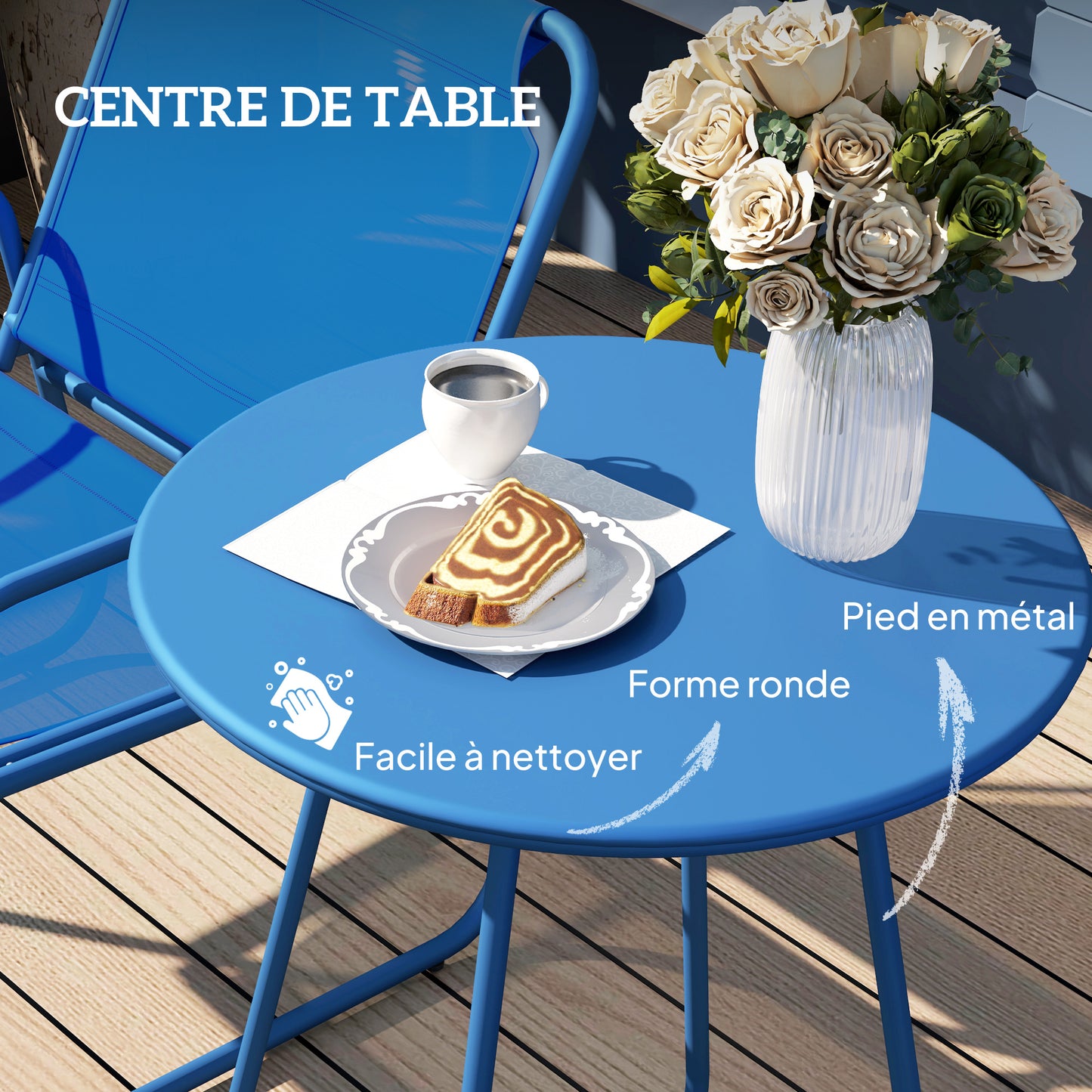 Tuinset – Tuinmeubilair – Terrasset – Bistroset – Loungeset – 2 Stoelen en Ronde Tafel – Stalen Frame en Ademend Textileen – Donkerblauw