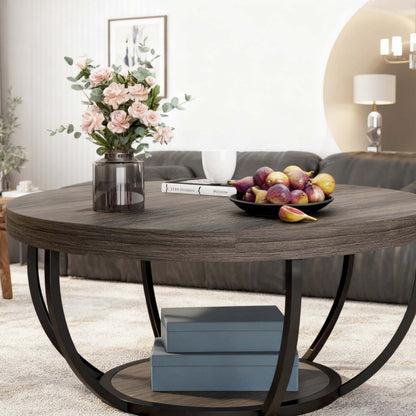 2-laags Salontafel Hout – Koffietafel Rond – Bijzettafel – Accenttafel – Opbergbank – Industrieel Design – Grijs Zwart – Ruime Opbergruimte – Stevige Metaalbasis