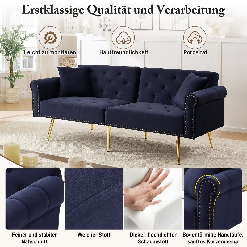 Sofa Bed – Slaapbank – Logeerbank – Bedbank – 2-Zits Bank – Fluwelen Navy Blauw/Zwart – 3-Standen Verstelbare Rugleuning – Ruimtebesparend Compact Design